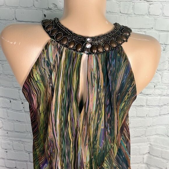 Multicolor Chiffon Beaded Halter Neck Dress Size 8 in Peacock colors - Picture 5 of 6